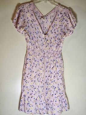 Jole And Joy Smocked Waist Pink Floral Mini Dress with V-Neck L